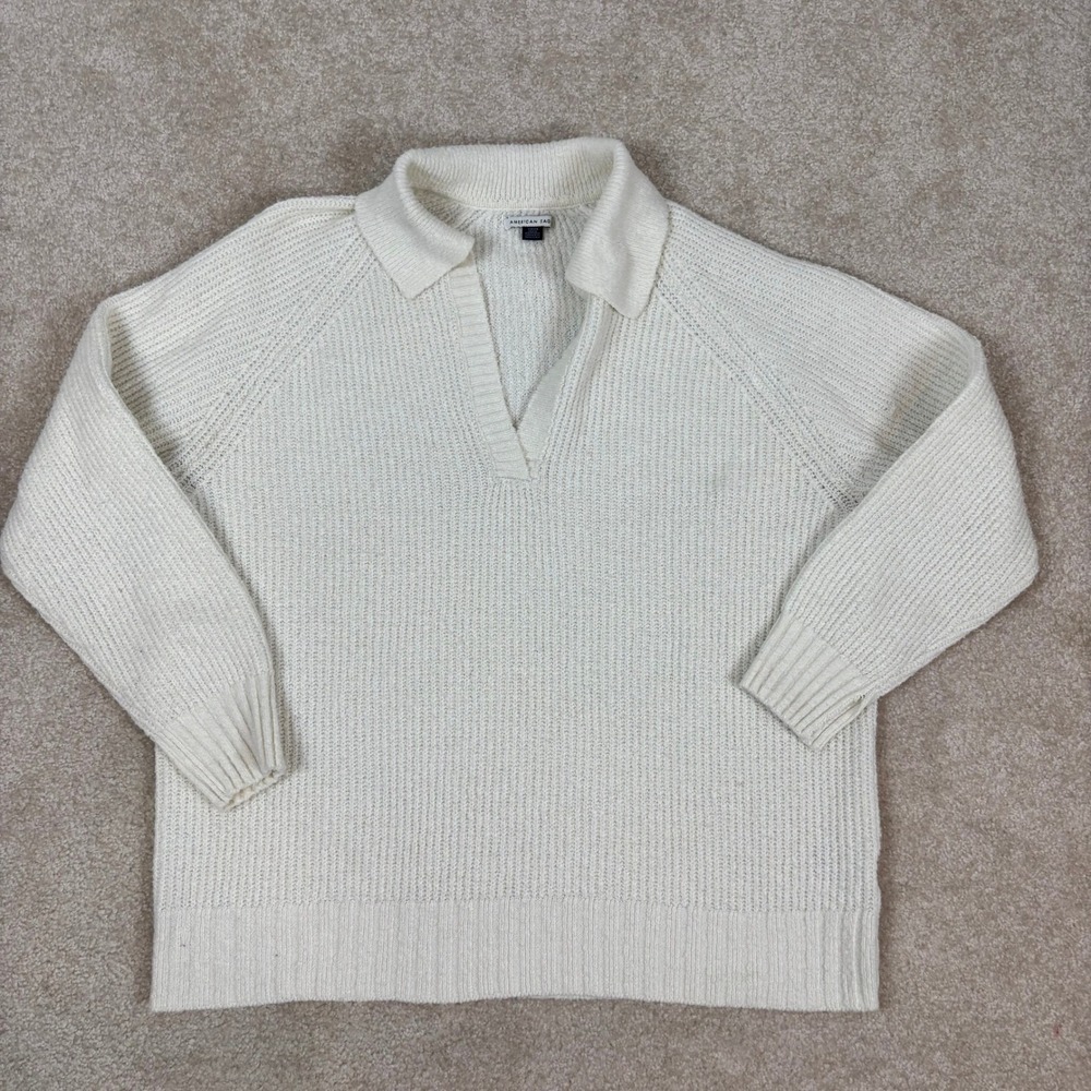 American Eagle Cream Ribbed Polo Sweater V-Neck Long Sleeve Small T5LWS805